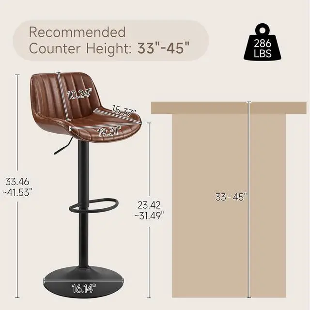Alt view image 2 of 7 - Volans Bar Stools Set of 2, Mid Century Modern Faux Leather Swivel Barstools Adjustable Height, Counter Height Pub Bar Chair with Back, Black Powder Coated Base, Cognac