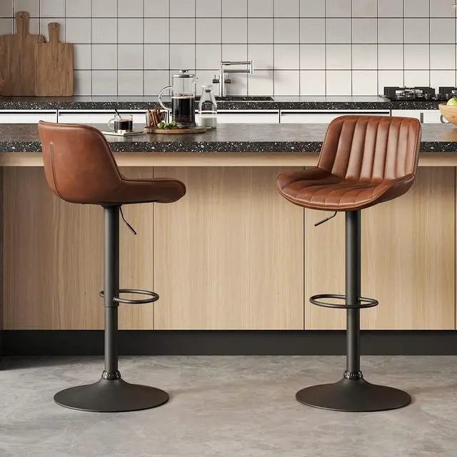Main image of Volans Bar Stools Set of 2, Mid Century Modern Faux Leather Swivel Barstools Adjustable Height, Counter Height Pub Bar Chair with Back, Black Powder Coated Base, Cognac