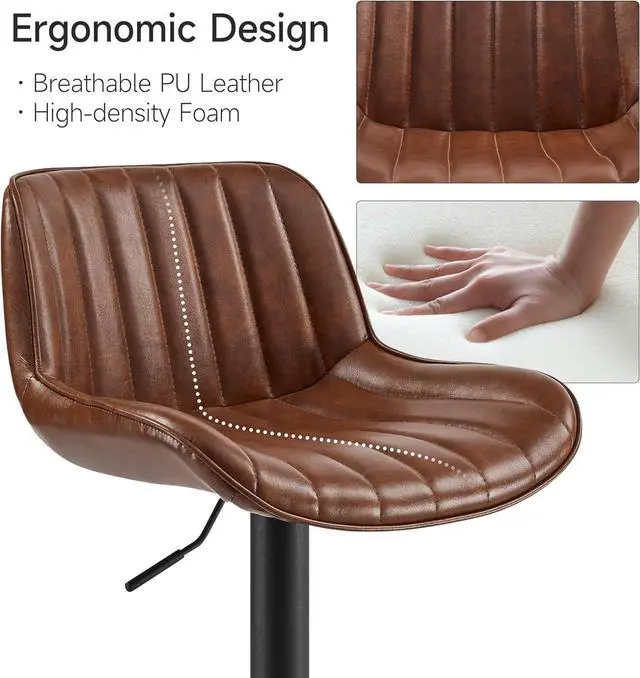 Alt view image 3 of 7 - Volans Bar Stools Set of 2, Mid Century Modern Faux Leather Swivel Barstools Adjustable Height, Counter Height Pub Bar Chair with Back, Black Powder Coated Base, Cognac