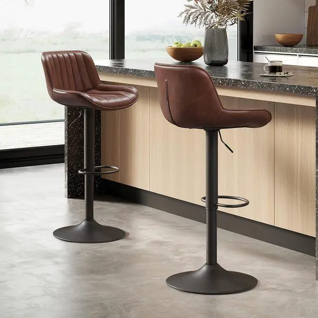Alt view image 7 of 7 - Volans Bar Stools Set of 2, Mid Century Modern Faux Leather Swivel Barstools Adjustable Height, Counter Height Pub Bar Chair with Back, Black Powder Coated Base, Cognac