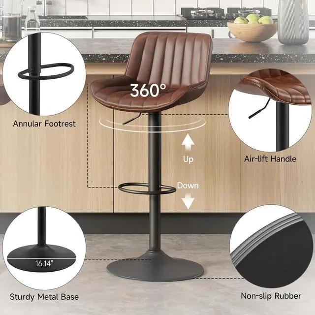 Alt view image 5 of 7 - Volans Bar Stools Set of 2, Mid Century Modern Faux Leather Swivel Barstools Adjustable Height, Counter Height Pub Bar Chair with Back, Black Powder Coated Base, Cognac