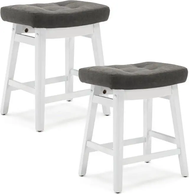 Alt view image 6 of 7 - Counter Height Bar Stools Set of 2 for Kitchen Counter Farmhouse Modern Barstools with Faux Leather Upholstered Backless Seat and Solid Wood Legs 24 inch Bar Chairs, Grey + White
