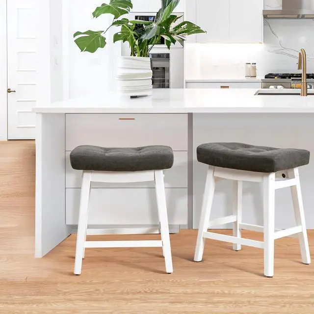 Alt view image 7 of 7 - Counter Height Bar Stools Set of 2 for Kitchen Counter Farmhouse Modern Barstools with Faux Leather Upholstered Backless Seat and Solid Wood Legs 24 inch Bar Chairs, Grey + White