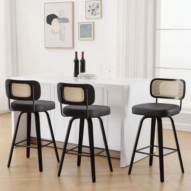 Main image of Swivel Bar Height Stools Set of 3, Upholstered Faux Leather Barstools with Rattan Back, 29" Seat Height Tall Bar Stools for Kitchen Counter, Black Wood Frame, Black