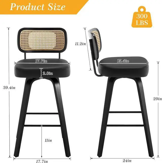 Alt view image 2 of 7 - Swivel Bar Height Stools Set of 3, Upholstered Faux Leather Barstools with Rattan Back, 29" Seat Height Tall Bar Stools for Kitchen Counter, Black Wood Frame, Black
