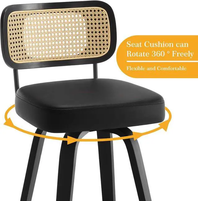 Alt view image 3 of 7 - Swivel Bar Height Stools Set of 3, Upholstered Faux Leather Barstools with Rattan Back, 29" Seat Height Tall Bar Stools for Kitchen Counter, Black Wood Frame, Black
