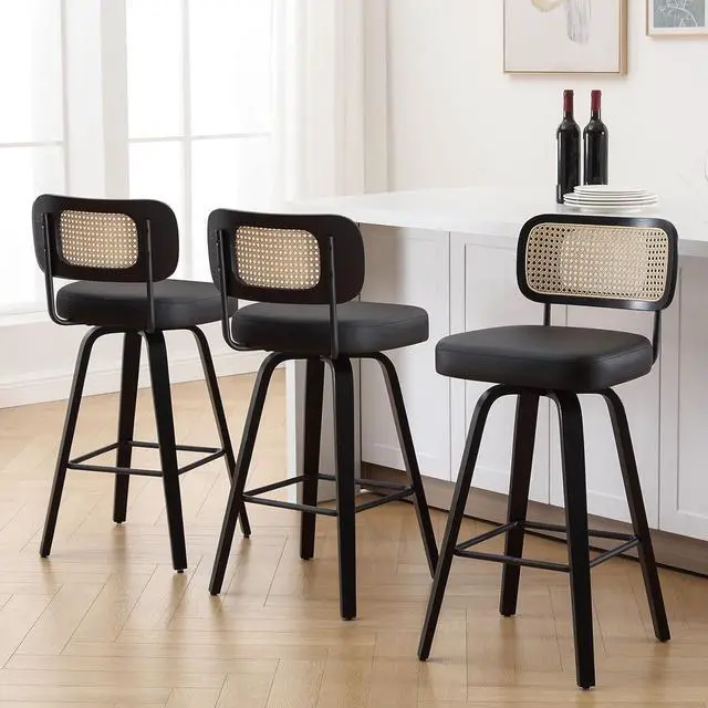 Alt view image 5 of 7 - Swivel Bar Height Stools Set of 3, Upholstered Faux Leather Barstools with Rattan Back, 29" Seat Height Tall Bar Stools for Kitchen Counter, Black Wood Frame, Black