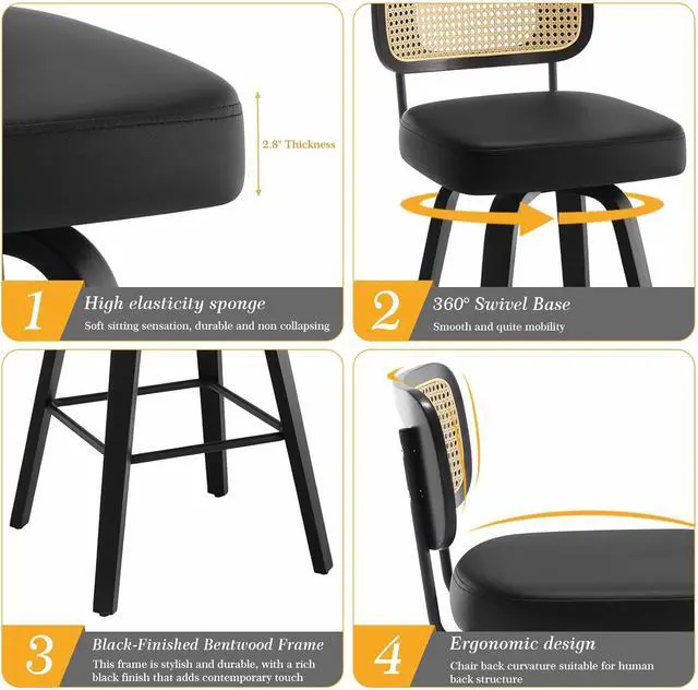 Alt view image 4 of 7 - Swivel Bar Height Stools Set of 3, Upholstered Faux Leather Barstools with Rattan Back, 29" Seat Height Tall Bar Stools for Kitchen Counter, Black Wood Frame, Black
