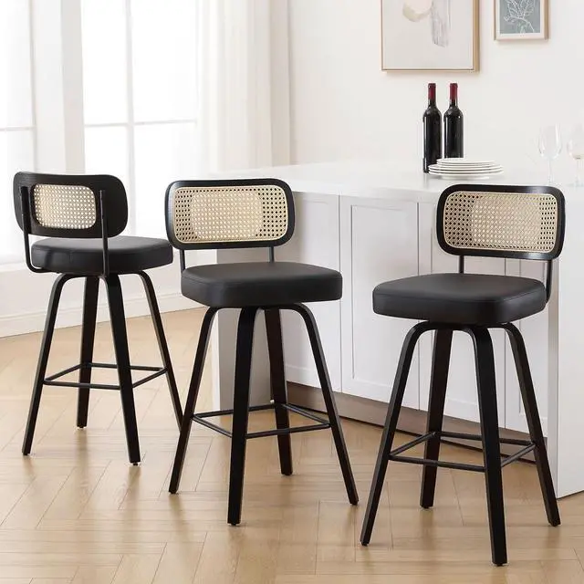 Alt view image 6 of 7 - Swivel Bar Height Stools Set of 3, Upholstered Faux Leather Barstools with Rattan Back, 29" Seat Height Tall Bar Stools for Kitchen Counter, Black Wood Frame, Black