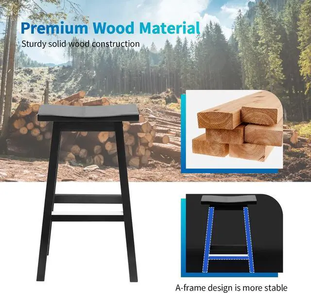 Alt view image 4 of 7 - PayLessHere Bar Stools Set of 2 for Kitchen Counter Solid Wooden Saddle Stools 30-Inch Height Home Furniture Barstool, Black