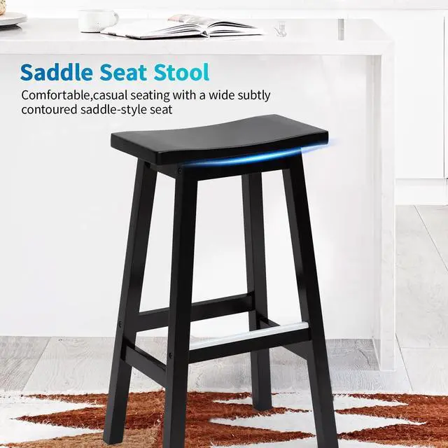 Alt view image 6 of 7 - PayLessHere Bar Stools Set of 2 for Kitchen Counter Solid Wooden Saddle Stools 30-Inch Height Home Furniture Barstool, Black