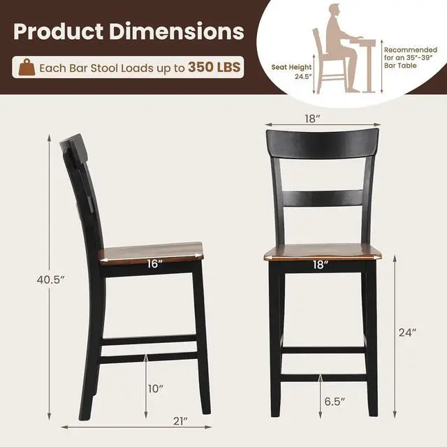 Alt view image 3 of 7 - Giantex Wooden Bar Stools Counter Height Set of 2, 24.5" Farmhouse Wood Bar Dining Chairs with Solid Rubber Wood Frame, Backrest, Footrest, Armless Barstools for Home Bar, Kitchen Counter, Black