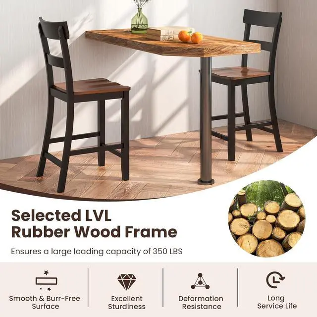Alt view image 5 of 7 - Giantex Wooden Bar Stools Counter Height Set of 2, 24.5" Farmhouse Wood Bar Dining Chairs with Solid Rubber Wood Frame, Backrest, Footrest, Armless Barstools for Home Bar, Kitchen Counter, Black