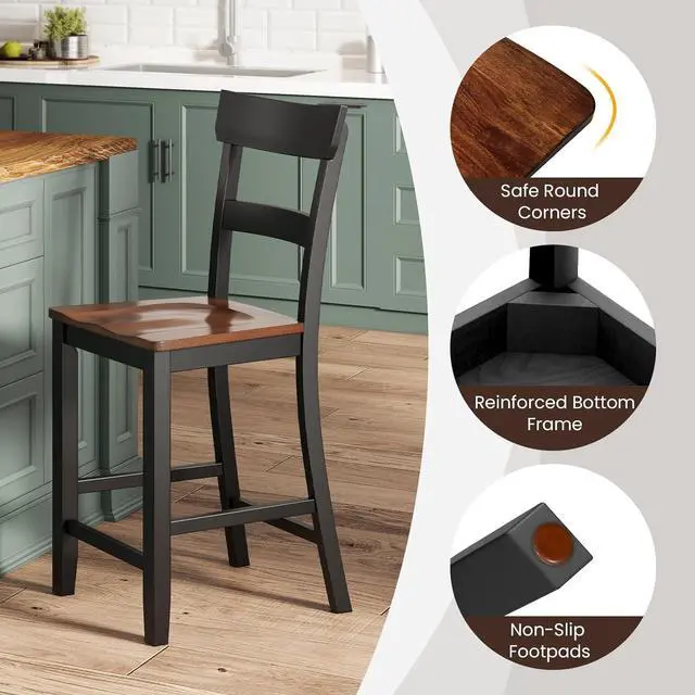 Alt view image 7 of 7 - Giantex Wooden Bar Stools Counter Height Set of 2, 24.5" Farmhouse Wood Bar Dining Chairs with Solid Rubber Wood Frame, Backrest, Footrest, Armless Barstools for Home Bar, Kitchen Counter, Black
