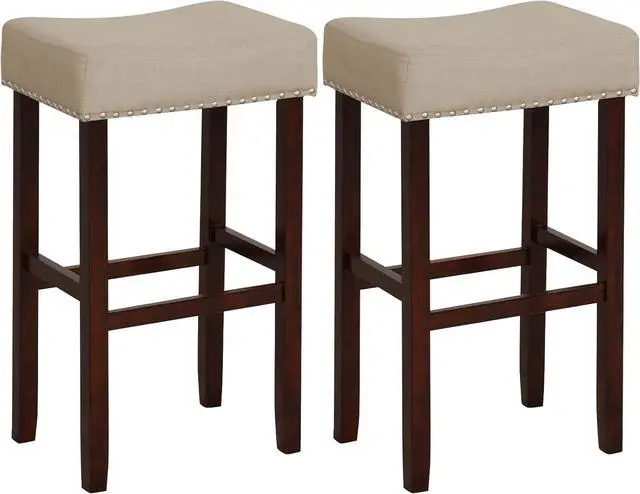 Main image of ERGOMASTER Bar Stools, 29 Inch Modern Saddle Stools, Rubber Wood, Khaki/Brown, Set of 2