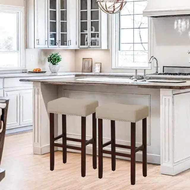 Alt view image 2 of 6 - ERGOMASTER Bar Stools, 29 Inch Modern Saddle Stools, Rubber Wood, Khaki/Brown, Set of 2