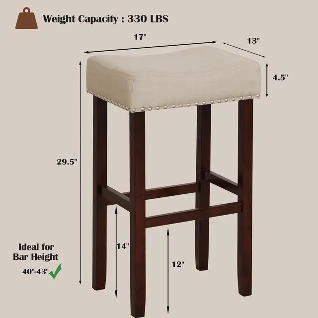 Alt view image 3 of 6 - ERGOMASTER Bar Stools, 29 Inch Modern Saddle Stools, Rubber Wood, Khaki/Brown, Set of 2