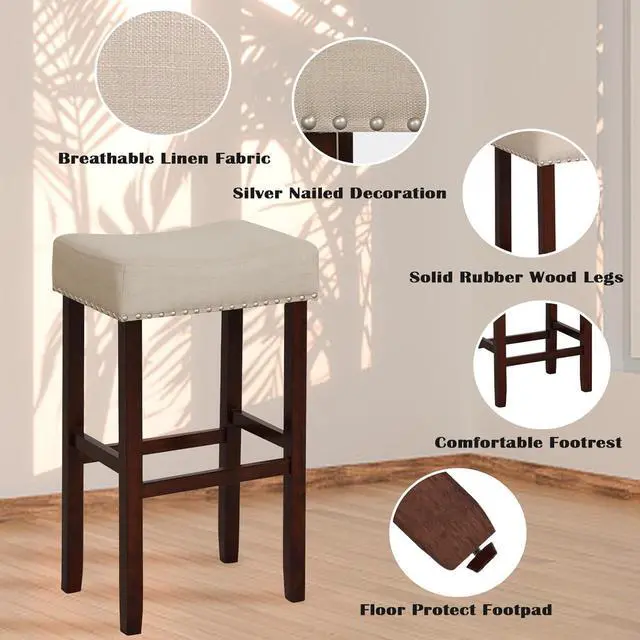 Alt view image 4 of 6 - ERGOMASTER Bar Stools, 29 Inch Modern Saddle Stools, Rubber Wood, Khaki/Brown, Set of 2