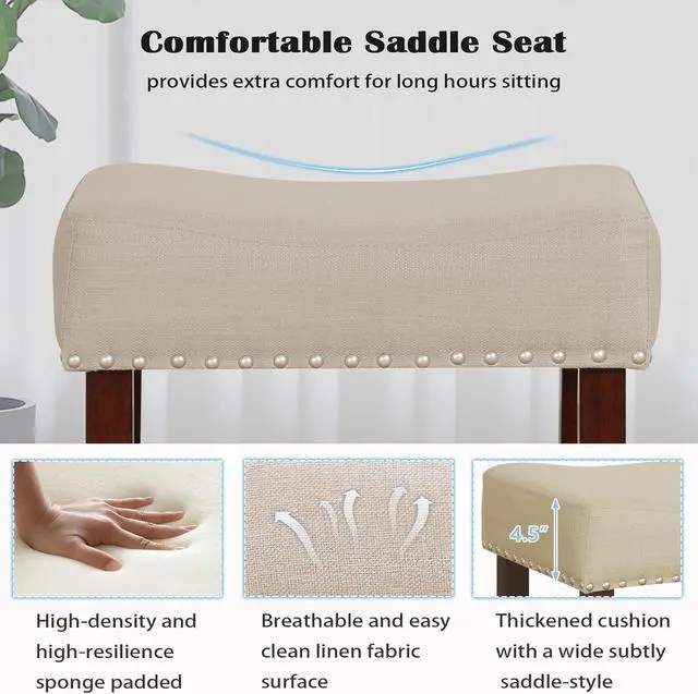 Alt view image 5 of 6 - ERGOMASTER Bar Stools, 29 Inch Modern Saddle Stools, Rubber Wood, Khaki/Brown, Set of 2