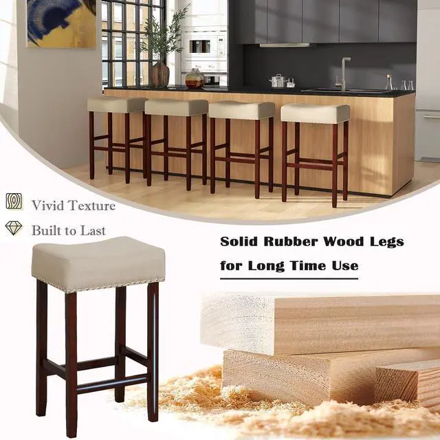 Alt view image 6 of 6 - ERGOMASTER Bar Stools, 29 Inch Modern Saddle Stools, Rubber Wood, Khaki/Brown, Set of 2