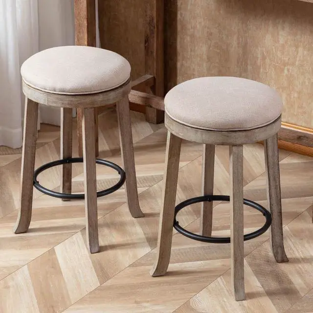 Alt view image 2 of 7 - Farmhouse Linen Round Bar Stools Set of 4, 360° Swivel 25.6" Counter Height Stools with Solid Wood Legs Backless Low Barstools with Footrest for Home Bar Kitchen Island, Beige