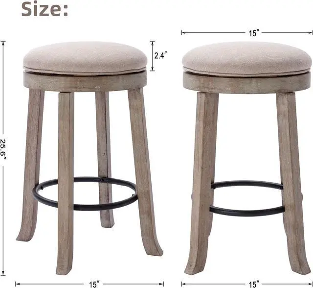 Alt view image 3 of 7 - Farmhouse Linen Round Bar Stools Set of 4, 360° Swivel 25.6" Counter Height Stools with Solid Wood Legs Backless Low Barstools with Footrest for Home Bar Kitchen Island, Beige