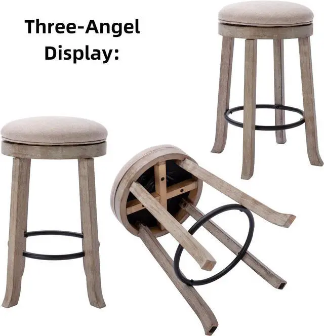 Alt view image 4 of 7 - Farmhouse Linen Round Bar Stools Set of 4, 360° Swivel 25.6" Counter Height Stools with Solid Wood Legs Backless Low Barstools with Footrest for Home Bar Kitchen Island, Beige