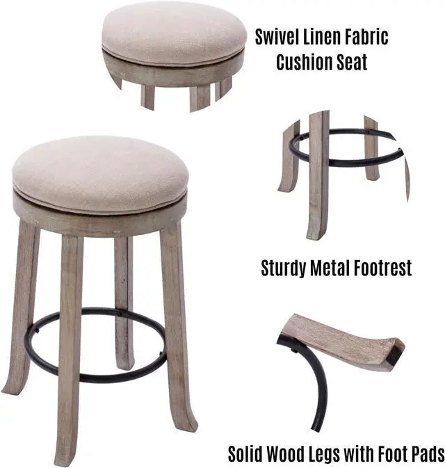 Alt view image 5 of 7 - Farmhouse Linen Round Bar Stools Set of 4, 360° Swivel 25.6" Counter Height Stools with Solid Wood Legs Backless Low Barstools with Footrest for Home Bar Kitchen Island, Beige