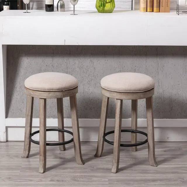 Alt view image 7 of 7 - Farmhouse Linen Round Bar Stools Set of 4, 360° Swivel 25.6" Counter Height Stools with Solid Wood Legs Backless Low Barstools with Footrest for Home Bar Kitchen Island, Beige
