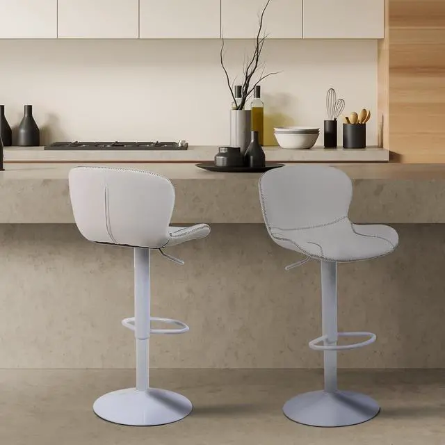 Alt view image 2 of 7 - Bar Stools Set of 3, PU Leather Counter Height Barstools with Back, Height Adjustable Swivel Bar Chairs, Modern Armless Kitchen Island Stool, White