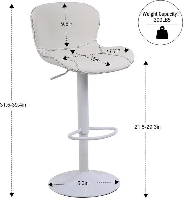 Alt view image 3 of 7 - Bar Stools Set of 3, PU Leather Counter Height Barstools with Back, Height Adjustable Swivel Bar Chairs, Modern Armless Kitchen Island Stool, White