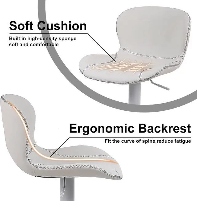 Alt view image 5 of 7 - Bar Stools Set of 3, PU Leather Counter Height Barstools with Back, Height Adjustable Swivel Bar Chairs, Modern Armless Kitchen Island Stool, White