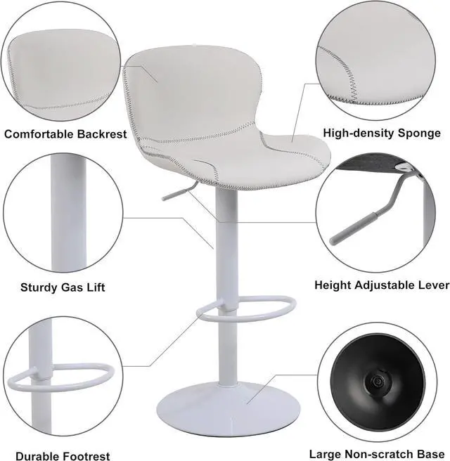 Alt view image 6 of 7 - Bar Stools Set of 3, PU Leather Counter Height Barstools with Back, Height Adjustable Swivel Bar Chairs, Modern Armless Kitchen Island Stool, White