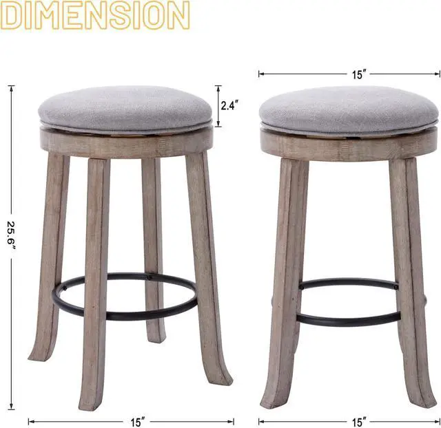 Alt view image 2 of 7 - DUOMAY French Vintage Swivel Bar Stools Set of 2, 26 Counter Height Stools, Fabric Armless Barstool with Rubberwood Legs, Farmhouse Kitchen Island Chair for Dining Room Bar Coffee Shop, Grey