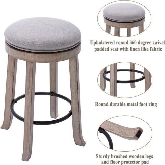 Alt view image 4 of 7 - DUOMAY French Vintage Swivel Bar Stools Set of 2, 26 Counter Height Stools, Fabric Armless Barstool with Rubberwood Legs, Farmhouse Kitchen Island Chair for Dining Room Bar Coffee Shop, Grey