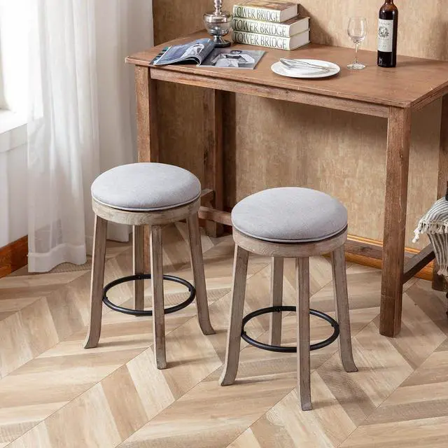Alt view image 7 of 7 - DUOMAY French Vintage Swivel Bar Stools Set of 2, 26 Counter Height Stools, Fabric Armless Barstool with Rubberwood Legs, Farmhouse Kitchen Island Chair for Dining Room Bar Coffee Shop, Grey