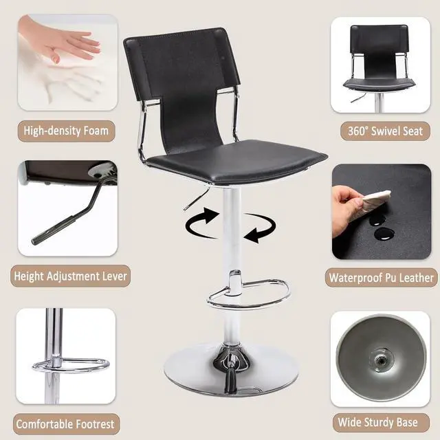 Alt view image 5 of 7 - Sidanli Black Bar Stools, Adjustable Barstools Set of 2, Swivel Bar Chairs with Back.