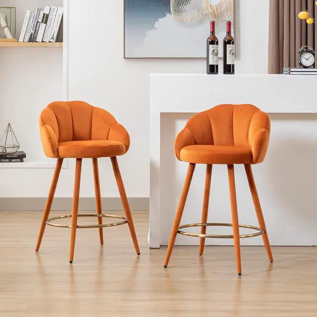 Alt view image 2 of 7 - Velvet Counter Stools Set of 4 Modern 25.5" Counter Height Barstool with Petal Back & Gold Metal Ring Footrest Comfy Upholstered Bar Chairs for Home Bar/Kitchen Island/Restaurant, Orange