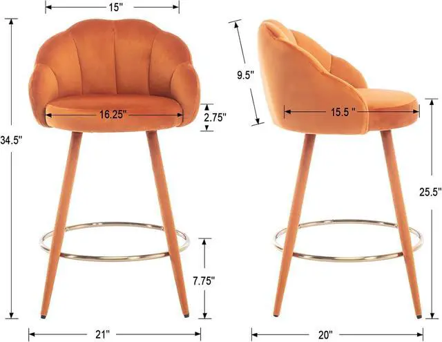 Alt view image 3 of 7 - Velvet Counter Stools Set of 4 Modern 25.5" Counter Height Barstool with Petal Back & Gold Metal Ring Footrest Comfy Upholstered Bar Chairs for Home Bar/Kitchen Island/Restaurant, Orange