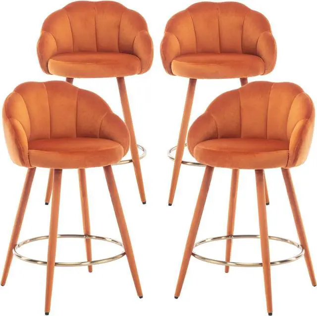 Main image of Velvet Counter Stools Set of 4 Modern 25.5" Counter Height Barstool with Petal Back & Gold Metal Ring Footrest Comfy Upholstered Bar Chairs for Home Bar/Kitchen Island/Restaurant, Orange