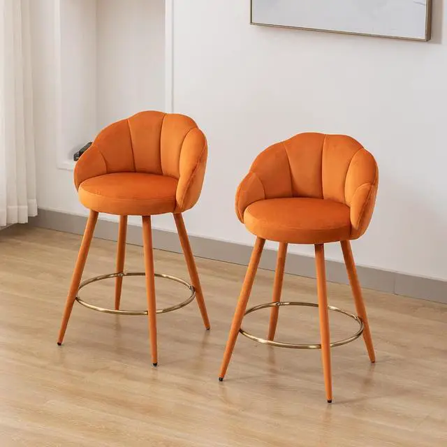 Alt view image 4 of 7 - Velvet Counter Stools Set of 4 Modern 25.5" Counter Height Barstool with Petal Back & Gold Metal Ring Footrest Comfy Upholstered Bar Chairs for Home Bar/Kitchen Island/Restaurant, Orange