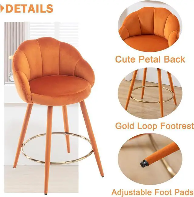 Alt view image 5 of 7 - Velvet Counter Stools Set of 4 Modern 25.5" Counter Height Barstool with Petal Back & Gold Metal Ring Footrest Comfy Upholstered Bar Chairs for Home Bar/Kitchen Island/Restaurant, Orange