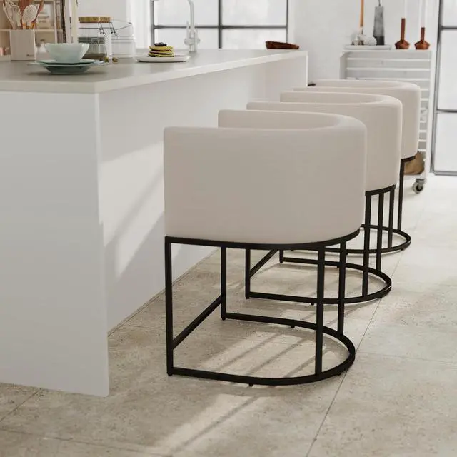 Main image of Contemporary Cream Linen Bar Stools Set of 3, 24" Upholstered Fabric Counter Height Barstools Kitchen Counter Island Stools with Screwed Together Black Metal Base