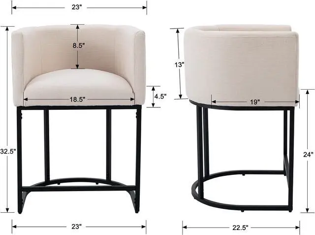 Alt view image 2 of 7 - Contemporary Cream Linen Bar Stools Set of 3, 24" Upholstered Fabric Counter Height Barstools Kitchen Counter Island Stools with Screwed Together Black Metal Base
