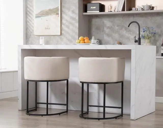 Alt view image 5 of 7 - Contemporary Cream Linen Bar Stools Set of 3, 24" Upholstered Fabric Counter Height Barstools Kitchen Counter Island Stools with Screwed Together Black Metal Base