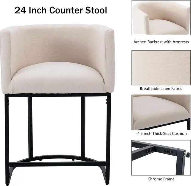 Alt view image 4 of 7 - Contemporary Cream Linen Bar Stools Set of 3, 24" Upholstered Fabric Counter Height Barstools Kitchen Counter Island Stools with Screwed Together Black Metal Base