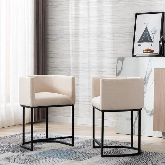 Alt view image 7 of 7 - Contemporary Cream Linen Bar Stools Set of 3, 24" Upholstered Fabric Counter Height Barstools Kitchen Counter Island Stools with Screwed Together Black Metal Base