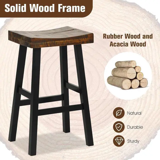 Alt view image 4 of 7 - Giantex Bar Stools Set of 2, 29" Bar Height Saddle Stools, Bar Dining Chairs with Rubber Wood Frame & Footrest, Backless Barstools for Kitchen Island, Dining Room, Pub, Rustic Brown