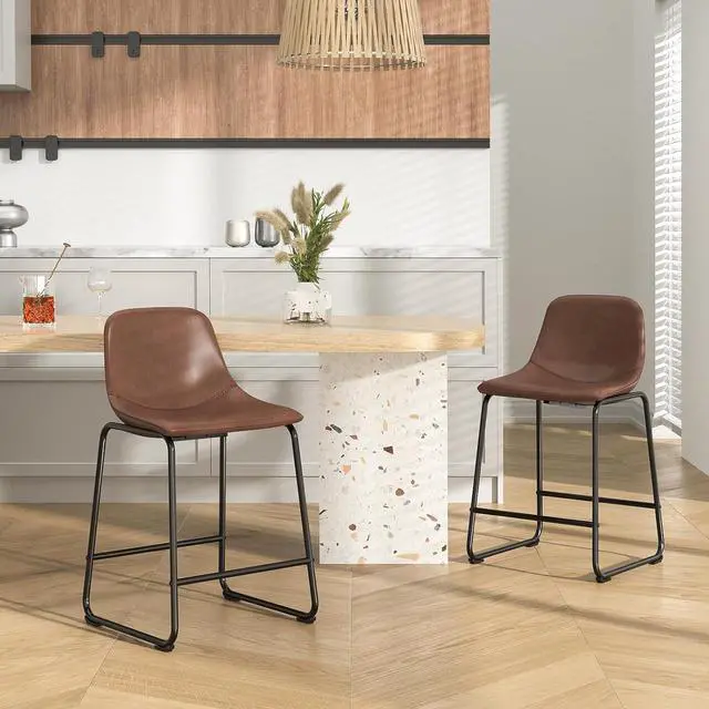 Alt view image 2 of 7 - Rfiver Pu Faux Leather Bar Stools Set of 2, Industrial Pub Barstools with Back and Footrest, Modern Armless Bar Height Stool Chairs (Brown, 24" Counter Chair x2)