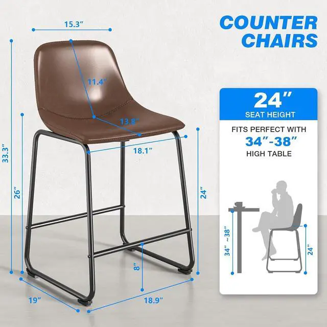 Alt view image 3 of 7 - Rfiver Pu Faux Leather Bar Stools Set of 2, Industrial Pub Barstools with Back and Footrest, Modern Armless Bar Height Stool Chairs (Brown, 24" Counter Chair x2)